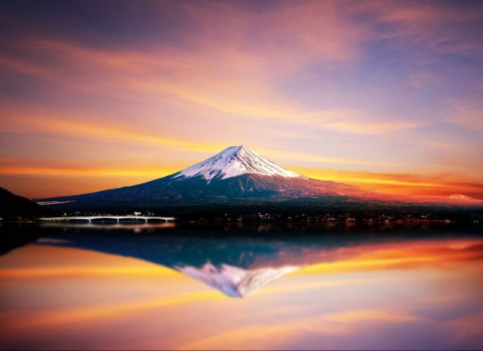 Mount Fuji view with cherry blossom from Lake Kawaguchiko
